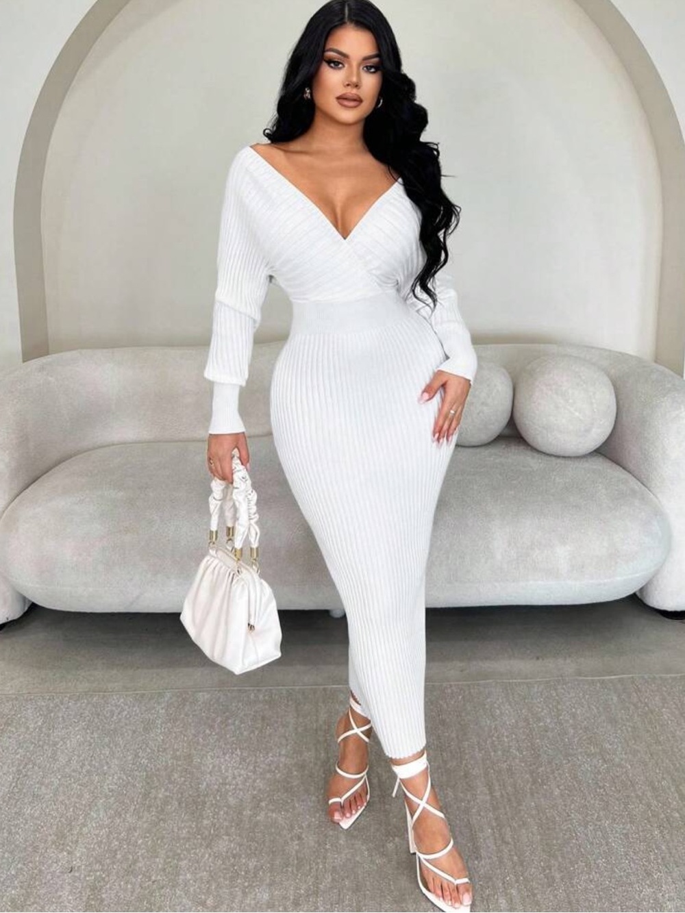 Women Elegant V-Neck Off Shoulder Long Sleeve Ribbed Knit Sweater Dres